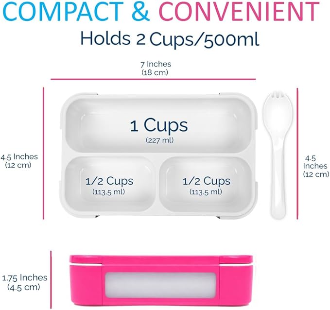 Small Snack Containers for Kids Toddlers - 3 Compartments (Set of 2) - Leak-Proof Reusable Boxes with Lids -BPA-Free Plastic Mini Bento Lunch Box - Ideal for School, Daycare - Holds 2 Cups (Pink+Blue)