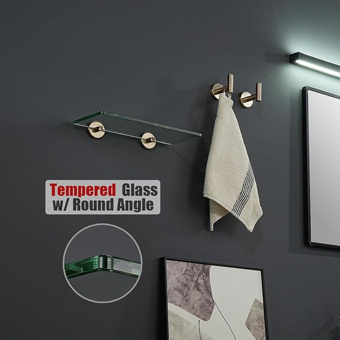 JQK Bathroom Glass Shelf, Tempered Glass Shower Storage 12 by 5 inches, 304 Stainless Steel Champagne Bronze Wall Mount 2 Pack, TGS101L12-CB-P2