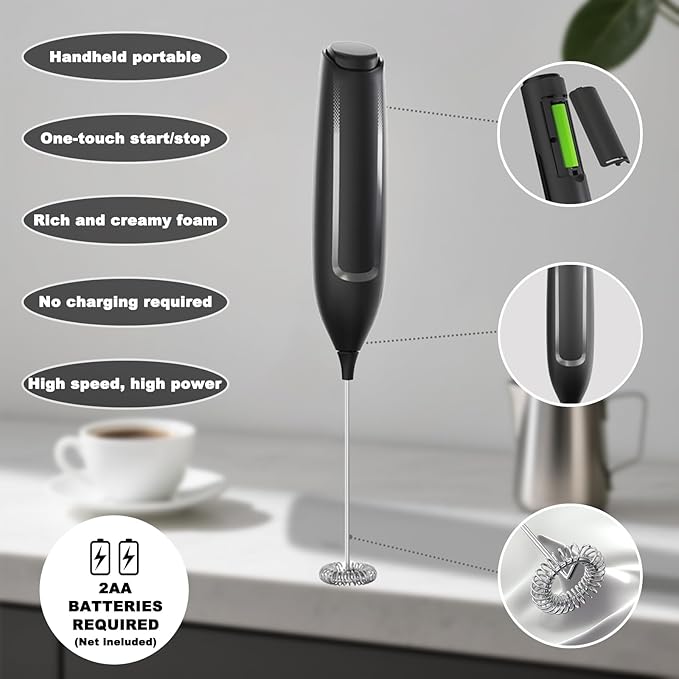 Cordless Handheld Milk Frother - 15-Second Rapid Foam, Battery-Powered & Portable for Coffee, Matcha, and Shakes