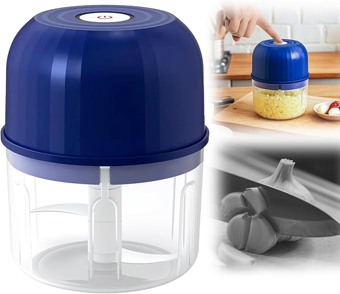 Electric Garlic Chopper, Rechargeable Portable and Cordless Mini Food Processor, Vegetable Chopper with Stainless Steel Blade for Kitchen Food Processor for Ginger Chili (Blue)