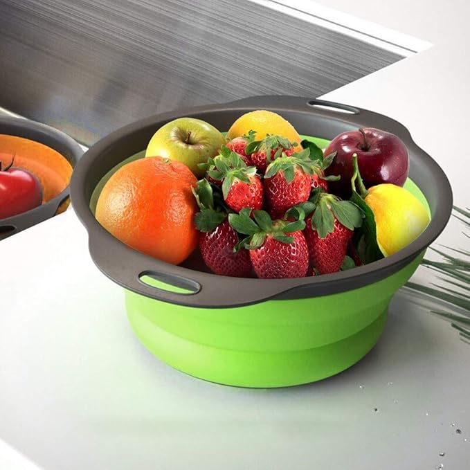 QiMH Collapsible Colander Set of 3-2 PC 4 Quart and 1 PC 6 Quart Over the Sink Colander - Food-Grade Sturdy Plastic Base - Round Space-save Silicone Kitchen Foldable Food Strainer