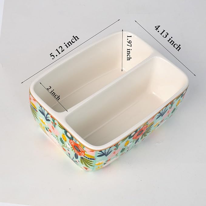 2 Compartments Ceramic Sponge Holder for Kitchen Sink, Cute Floral Pattern Countertop Dish Sponges Holder Soap Sink Organizer Caddy Farmhouse Home Kitchen Decor Mint Flowers