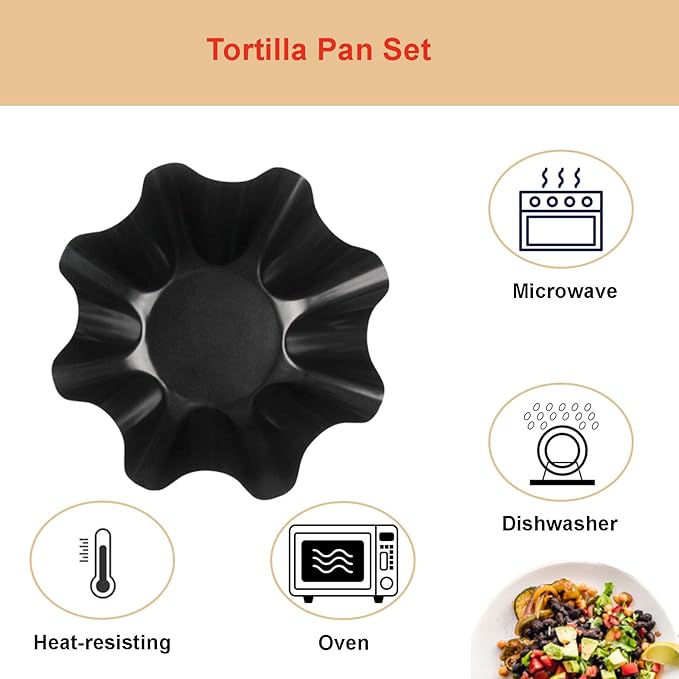 Tortilla Pan Set - 4pcs Non-Stick Carbon Steel Taco Salad Bowl Makers Tortilla Shell Pans, Tostada Bake Taco Shells, Flower-shaped Baking Mold Kitchen(Black 4pcs) (16.5x 7.5x 6cm)