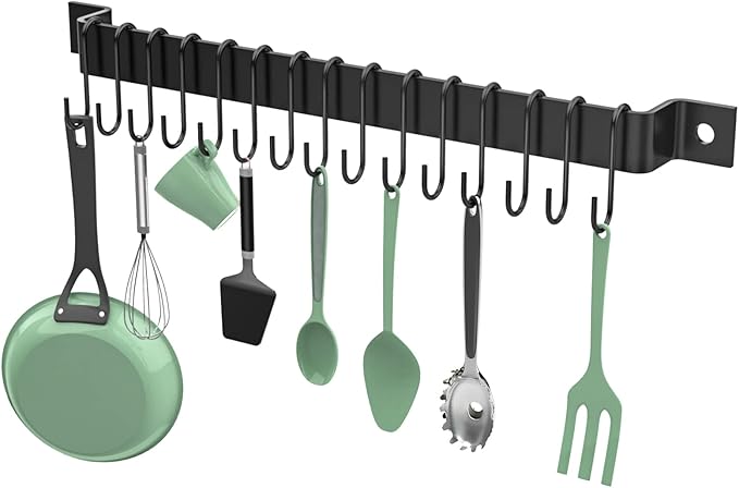 Housolution Kitchen Rail with 15 Hooks, 16 Inch Wall Mounted Hanging Utensil Rack Kitchen Utensil Hanger for Kitchen, 1 Pack, Black