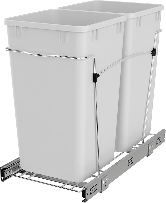 Rev-A-Shelf Pullout Trash Can for Under Kitchen Cabinets 27 Qt Garbage Waste Recycling Bin with Full Extension Slides, White, RV-15KD-11C S