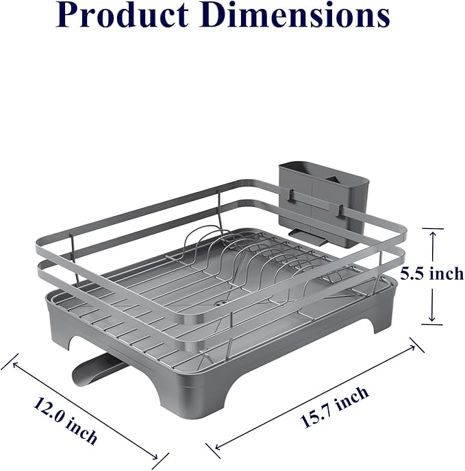 Kitsure Dish Drying Rack - Multi-Functional Dish Rack for Kitchen Counter with Cutlery Holder, Rust-Proof Storage Solution with Rotatable, 15.7" x 12.0" x 5.5", Grey