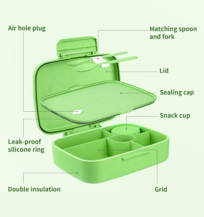 Bento Lunch Box, 5 Compartments Lunch Container for Kids/Adults with Snack cup, Wheat Fiber Eco-Friendly Double Insulated Boxes, Dishwasher and Microwave Safe, BPA-Free