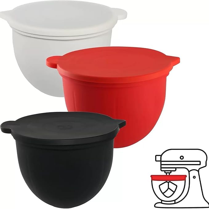 3PCS Silicone Bowl Liners with Lids,5Qt Tilt-Head Silicone Liners for Kitchenaid Stand Mixer,Odourless,Thicker, Cold/Heat-Resistant & Non-Stick, Easy Clean(Red+White+Black)(with Oven mitts)