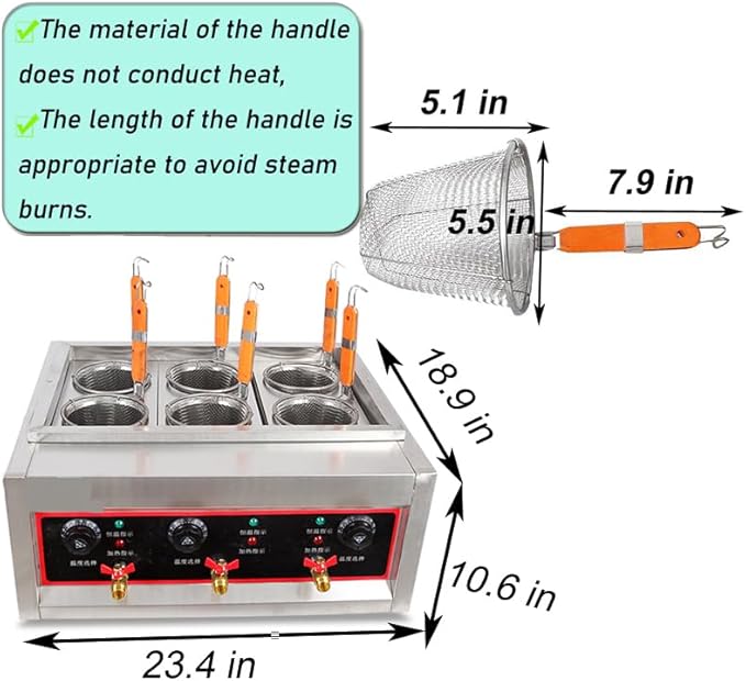 220V Commercial Pasta Cooker with 6 Noodle Filter Electric Pasta Cooking Machine Multifunctional Pasta Warmer Noodles Cooker 6KW for Cooking Dumplings NoodlesVegetables 30-110℃