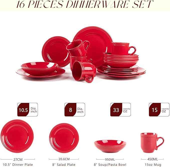 Pearl Dots Stoneware Dinnerware Set(16pc Set, Red)