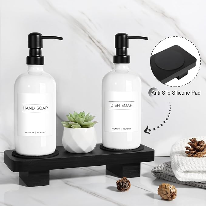 KASUNTING Hand Soap Dispenser for Kitchen, White Soap Dispensers with Stainless Steel Pump, Bathroom Soap Dispenser Set with Wood Riser Tray, Kitchen Dish Soap Dispensers Bathroom Decor(White)