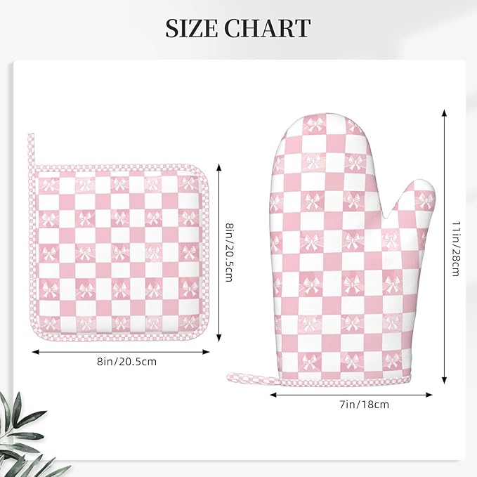 Oven Mitts and Pot Holders Pink Check Bow Pattern Silicone Kitchen Accessories Set of 4 Heat Resistant Long Gloves Potholder Non-Slip Grip for Chef Cooking Baking Grilling BBQ