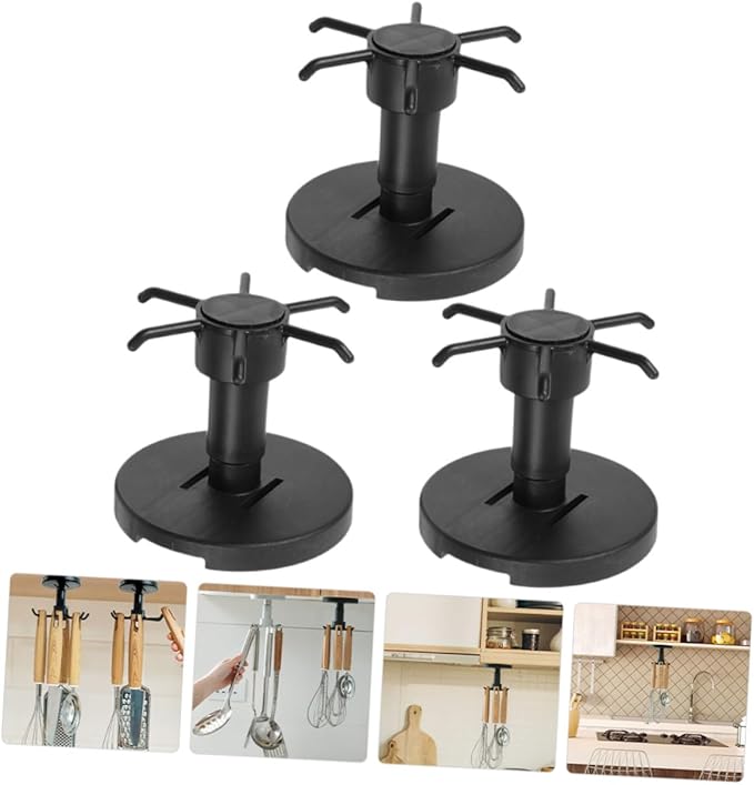 Zerodeko Rotatable Kitchen Utensil Hooks 3pcs Set Black Multi-Functional Wall Hanger Adhesive Under Cabinet Storage Organizer for Kitchen Tools and Measuring Spoons
