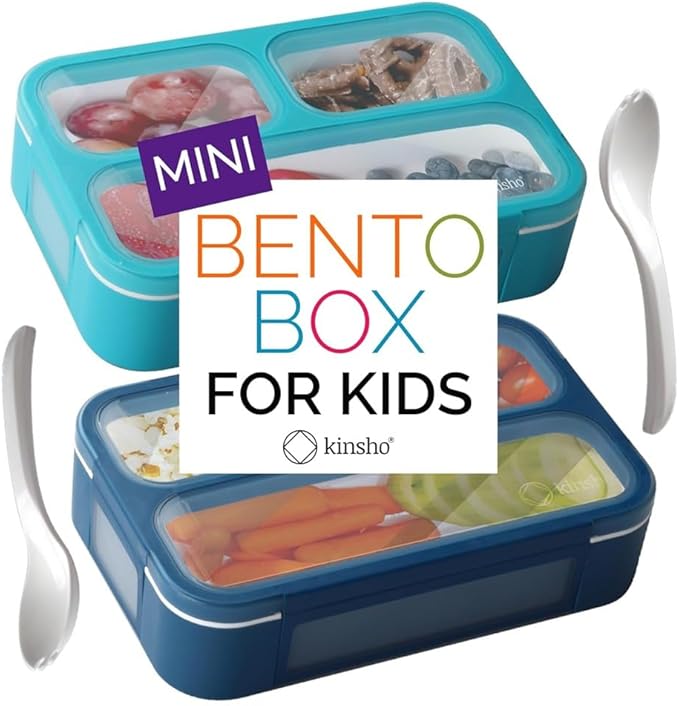 Small Snack Containers for Kids Toddlers - 3 Compartments (Set of 2) - Leak-Proof Reusable Boxes with Lids -BPA-Free Plastic Mini Bento Lunch Box - Ideal for School, Daycare, Holds 2 Cups (Navy+Blue)