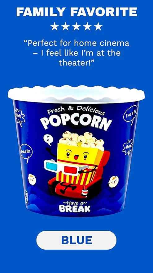 ONONEXPRESS Modern Style Reusable Plastic Popcorn Box/Popcorn Containers/Popcorn Bowls Set for Movie Theater Night - (BPA Free - 6 Pack-75 oz) (6, BLUE)