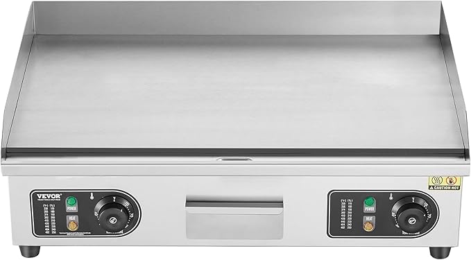 VEVOR Upgraded Commercial Electric Griddle, 2800W Stainless Steel Countertop Flat Top Grill, 26'' Griddle Grill with 2 Shovels and 2 Brushes, 122℉-572 ℉ Adjustable Temp, for Home Restaurant(No Plug)
