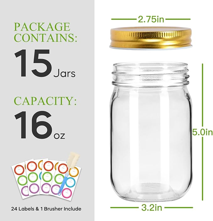 Glass Mason Jars with Gold Lids 16 oz - 15 Pack Regular Mouth Canning Jars for Food Storage, Meal Prep, Overnight Oats, DIY Crafts - Includes 24 Stickers & Brush