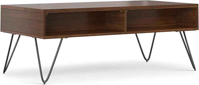 SIMPLIHOME Hunter Lift Top Coffee Table - 48 inch Wide Walnut Veneer and Metal Industrial Cocktail Table, Functional Living Room Table with 2 Storage Cubbies and Hairpin Legs