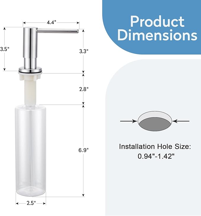 Kitchen Sink Soap Dispenser with 17 OZ Bottle and 40" Extension Tube Kit, Stainless Steel Built-in Soap Dispenser for Kitchen Sink or Countertop, In or Under Sink Installation, Polished Chrome