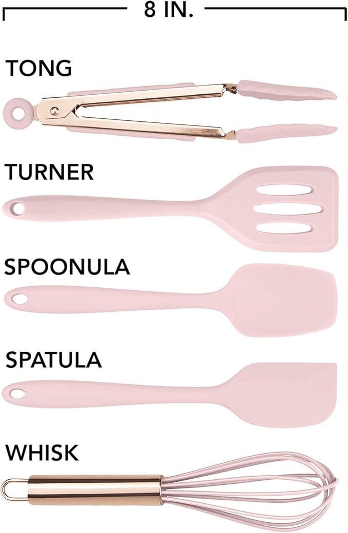 COOK WITH COLOR Silicone Cooking Utensils, Kitchen Utensil Set, Easy to Clean Silicone Kitchen Utensils, Cooking Utensils for Nonstick Cookware, Kitchen Gadgets Set, Mini, Pink