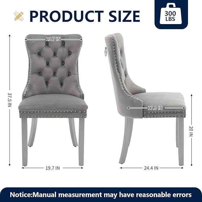 Velvet Dining Chairs Set of 4, Kitchen & Dining Room Chairs, Upholstered Dining Chairs with Back Ring Pull and Silver Solid Wood Legs, Modern Tufted Kitchen Chairs for Dining Room, Light Grey
