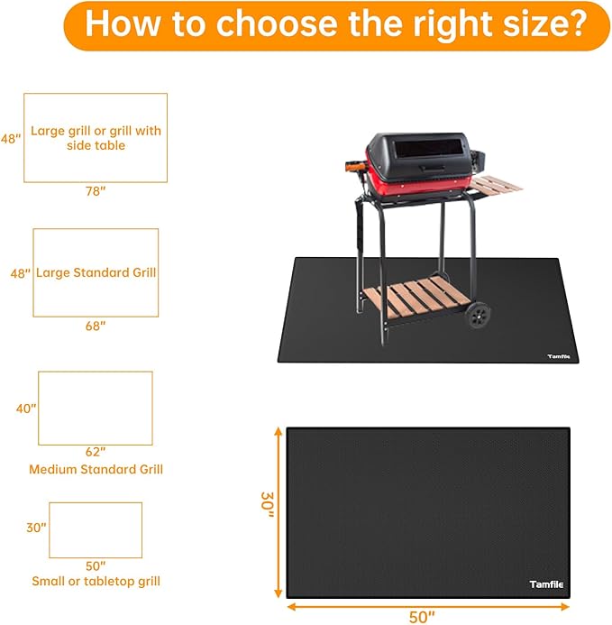 Tamfile Large 50 x 30 Inch Under Grill Mats for Outdoor Grill, Double-Sided Fireproof Heat-Resistant Pad, Indoor Fireplace/Fire Pit Rubber Mat, Oil-Proof Waterproof BBQ Protector for Deck and Patio