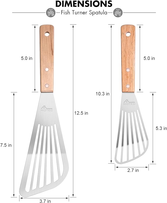 HOTEC 2pcs Stainless Steel Wooden Handle Fish Spatula, Metal Spatula Flipping Foods