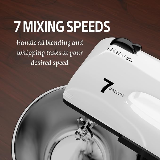 Stand Mixers, 7 Speeds With 3QT Stainless Steel Bowl, Stand and Hand Mixer with Dough Hook, Whisk, Mixing Beater for Baking, Cake, Cookie, Kneading (BU2)