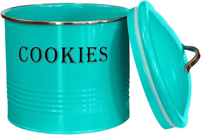 Blue Donuts Vintage Cookie Tin - Airtight, Large, Turquoise Cookie Jar with Lid for Kitchen Counter & Gift Giving