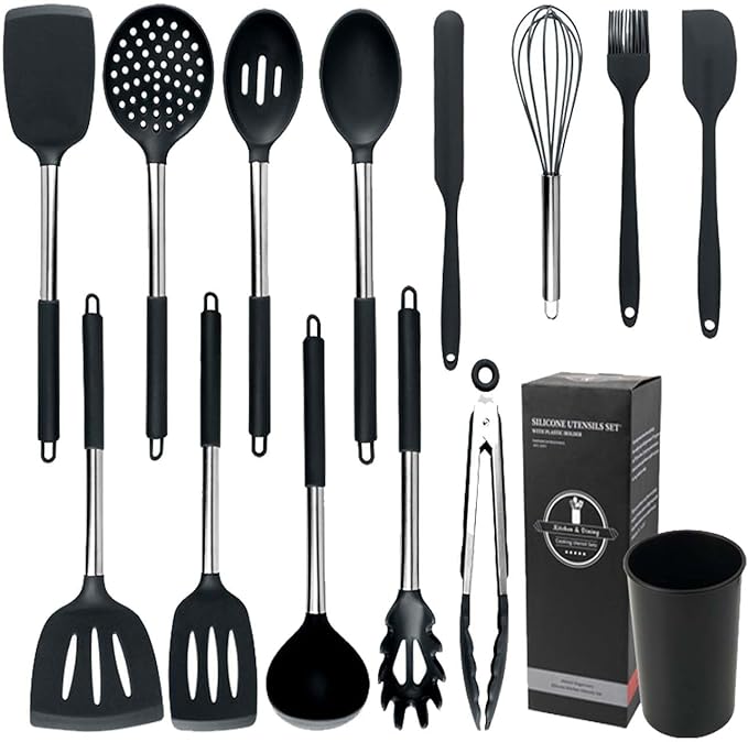 Kitchen Utensils Set, 14 Pcs Silicone Cooking Utensils Set with Holder and Heat Resistant Stainless Steel Handle for Nonstick Cookware - Black