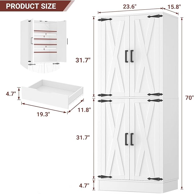 Unikito Kitchen Pantry Storage Cabinet with Farmhouse Barn Doors and Storage Drawer, 4 Adjustable Shelves, Freestanding Tall 71‘’ H Cupboard for Dining Room, Living Room, Utility Room, White