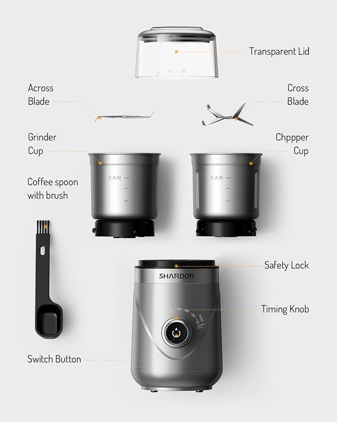 SHARDOR Electric Super Silent Blade Coffee Grinder, Timed Grind Control Rotary Knob, Adjustable Coarse to Fine for Coffee Beans, Spices & Herbs, with 2 Removable Stainless Steel Bowl, Sliver