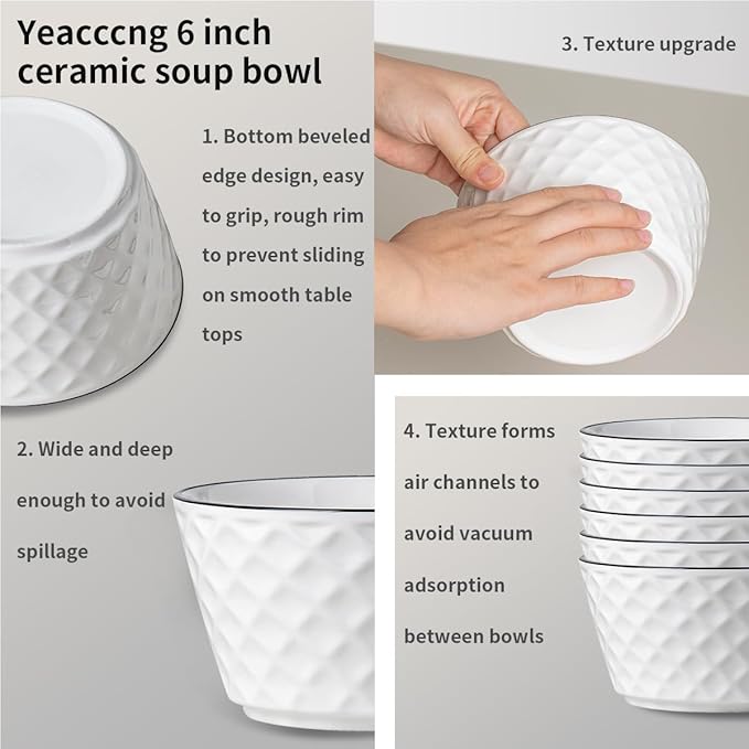 Yeacccng Cereal Bowls Set of 6, 30oz Ceramic Soup Bowls, Scratch-Resistant, Lead-Free, 6 inch White Cereal Bowls for Oatmeal, Salad, Pasta, Soups, Dessert Snacks, Fruits, Dishwasher & Microwave Safe