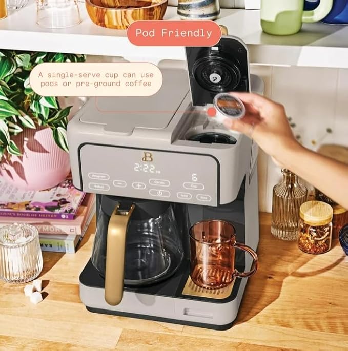 Beauti Multi Brew 12 Cup Programmable Drip & Single Serve Coffee Maker, Versatile Brewing (6oz, 8oz, 10oz, 12oz, 14oz), Pods or Ground, Over Ice option, Keep Warm mode (Porcini)