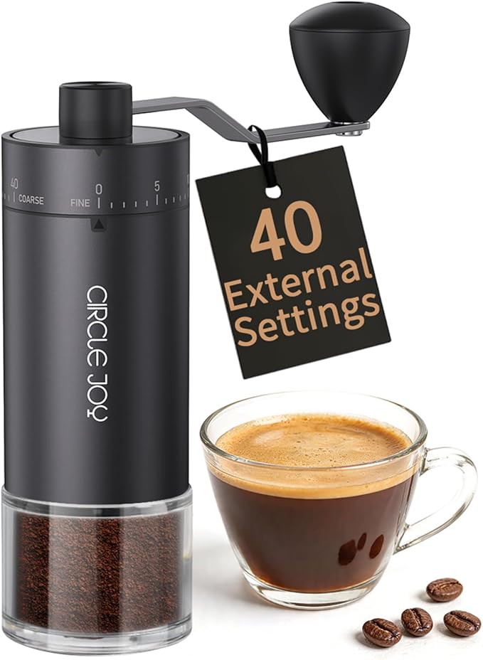 CIRCLE JOY Mini Manual Coffee Grinder with 40 External Adjustable Settings and Ceramic Conical Burr, Portable Stainless Steel Hand Coffee Grinder for Home and Travel