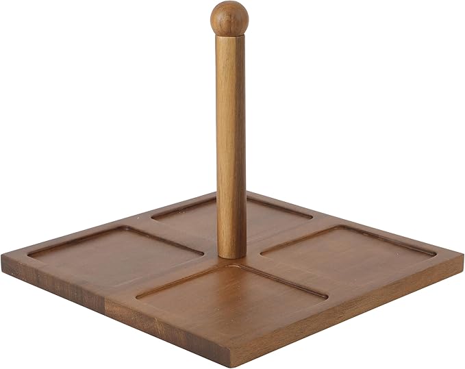 Gibson Elite 4-Piece Stoneware Tidbit, Condiment & Dip Dish Set with Acacia Wood Tray – Taupe Square Appetizer, Snack, Topping & Entertaining Server