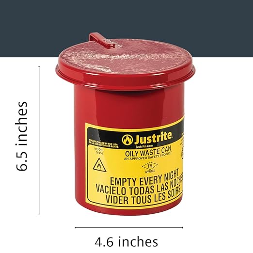 Justrite 0.45 Gallon Galvanized Steel Mini Countertop Oily Waste Can, 6.5" x 4.6" Metal Oil Rag Safety Can with Quiet Hand Operated Self-Closing Lid for Oily Rag Disposal, Made in The USA, Red, 09410