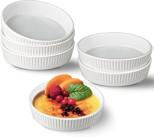 Ramekins 8 oz Oven Safe Set of 6 - Ceramic Creme Brulee Dishes, Souffle Cups, Individual Quiche Baking Dish, Food-Safe White Pudding Bowls for Kitchen, Stackable and Dishwasher Safe