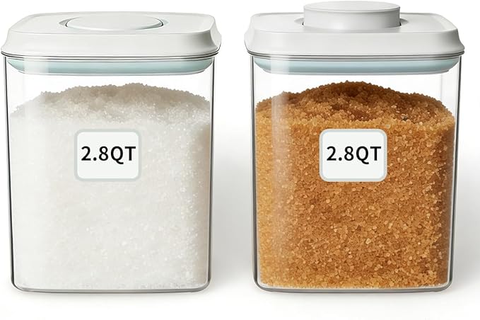 Food Storage Container Set 2.8 Qt ×2 with Lids, Airtight Pantry Canisters, BPA-Free Plastic Flour Sugar Storage Containers, One-Touch Press-to-Open Lids, Stackable Clear Jars for Rice, Cereal, Coffee