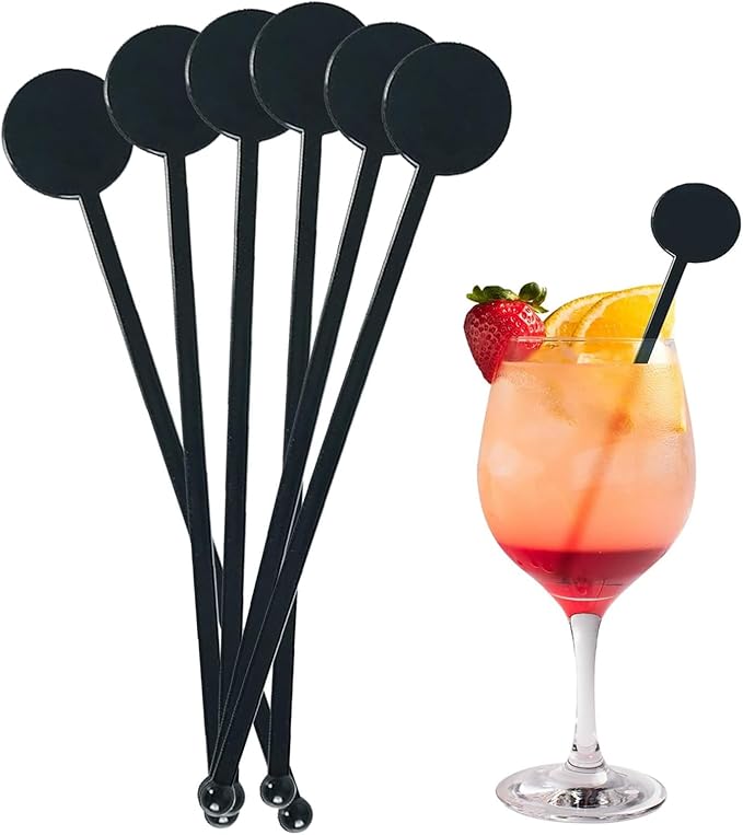 200Pcs Cocktail Swizzle Sticks, 7 Inches Disposible Plastic Disc Top Drink Stirrers Black Drinks Mixing Rod for Coffee Milk Cocktail Whiskey Beverage Bar (Black)