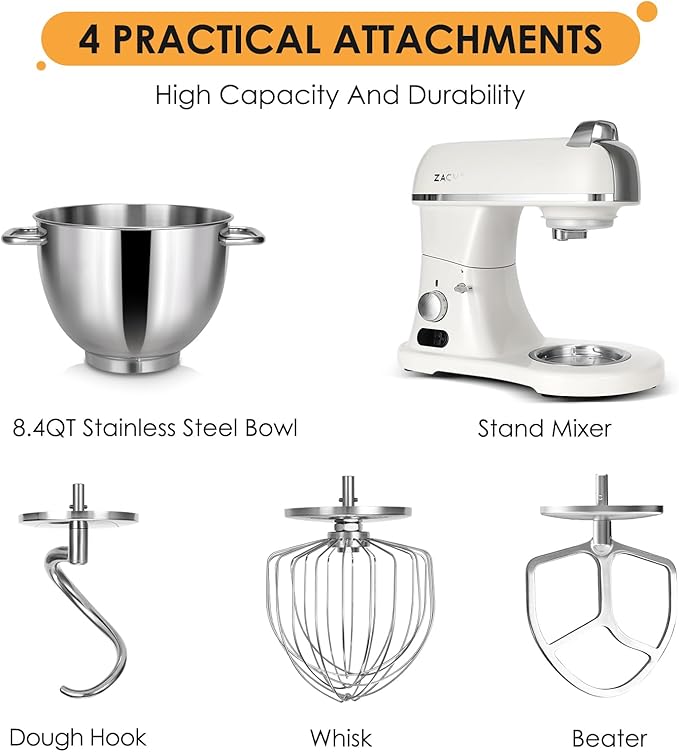 ZACME 8.4QT Commercial Stand Mixer 800W with Aluminum Die Casting Meets the Standard of NSF/ANSI 8-2023, Mixers Kitchen Electric Stand Mixer with Stainless Steel 8L Bowl, Dough Hook, Whisk and Beater