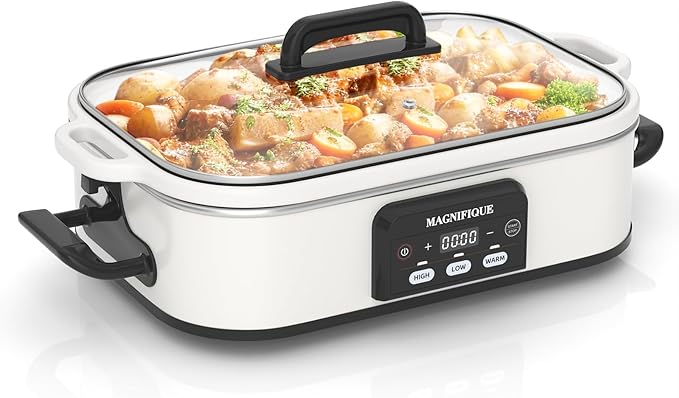 Magnifique 4 Quart Casserole Digital Slow Cooker, Premium Ceramic Bakeware for Oven, Dishwasher Safe Baking Dish, White