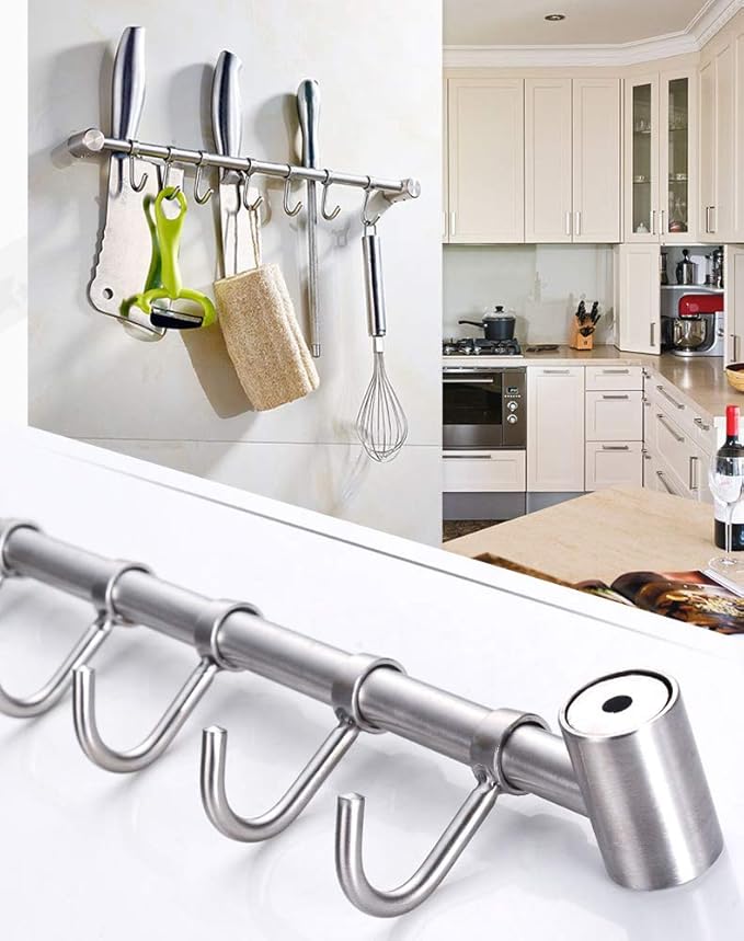 Kitchen Utensil Racks Rail Wall Mounted Utensil Hooks Rack Stainless Steel Hanger Hooks for Kitchen Tools Pot Towel (7 Hooks,2 Packs)