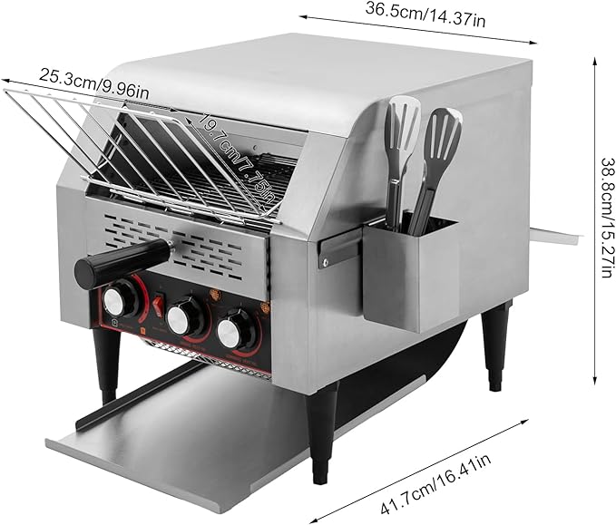 Commercial Conveyor Toaster 300 Slices/Hour 1900W Heavy Duty Industrial Stainless Steel Electric Restaurant Toaster Oven with Selectable Heating Modes and 7 Speeds for Bagel Bread Restaurant Cafe
