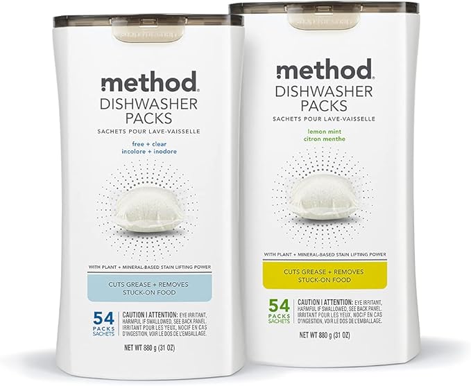Method Dishwasher Detergent Packs, Fragrance Free + Clear, Dishwashing Rinse Aid to Lift Tough Grease and Stains, 30 Dishwasher Tabs per Package, (Pack of 4)
