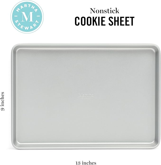 Martha Stewart Gallen 13x9 Inch Nonstick Carbon Steel Cookie Sheet - Durable Silver Baking Pan for Cookies, Brownies & Roasting