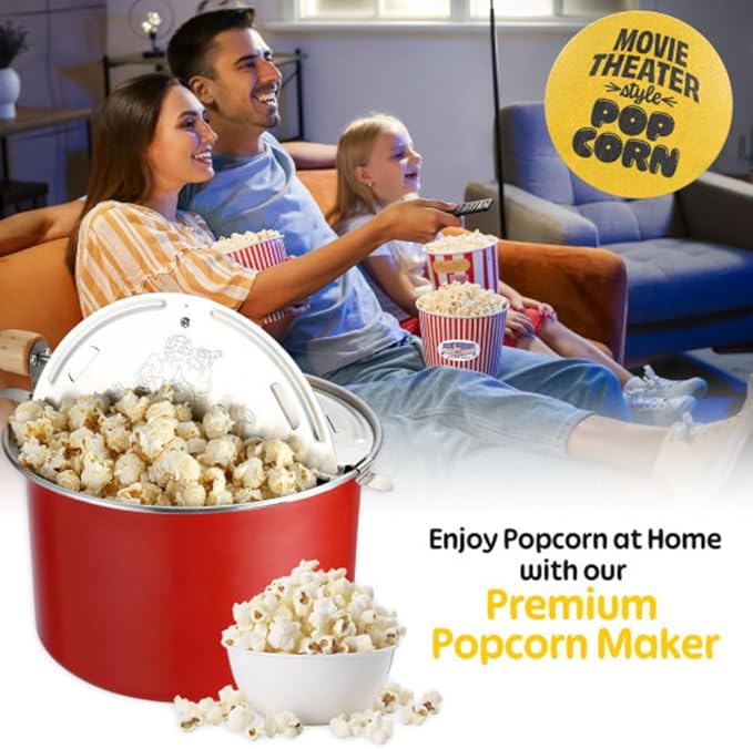 Stovetop Popcorn Maker – 6.5-Quart Popper Pan with Wooden Crank Handle and Internal Kernel Stirrer by Great Northern Popcorn (Red)