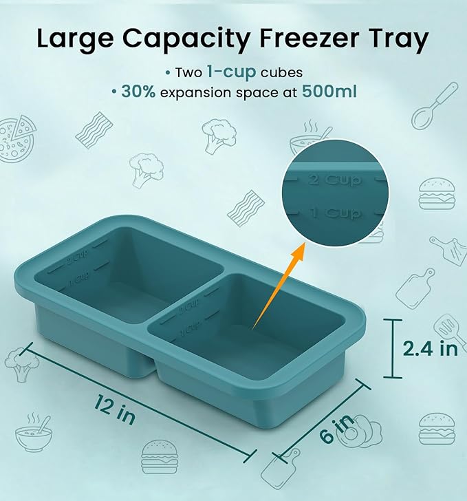 DOQAUS Silicone Freezer Molds, Reinforced Steel Frame 2-Cup Ice Cube Trays with Lid, 2-Cavity BPA-Free Soup Containers for Meal Prep, Kitchen