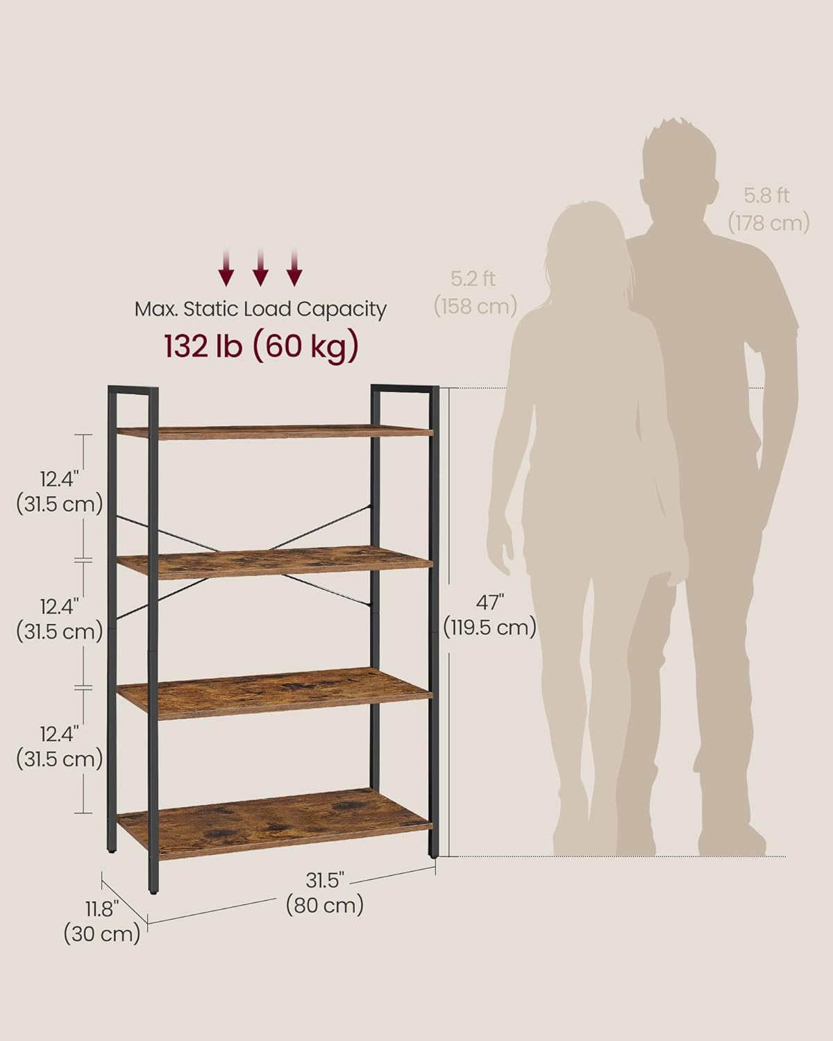 VASAGLE 4-Tier Tall Bookshelf, Large Bookcase with Steel Frame, Deep Book Shelf for Living Room, Home Office, Study, 11.8 x 31.5 x 47 Inches, Industrial Style, Honey Brown and Black ULLS140K01