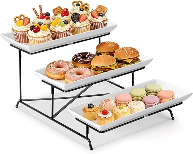 Yedio 3 Tier Serving Tray Set 14 Inch Porcelain Tiered Serving Trays Platters, Collapsible Sturdier Stand with Stable Cross Bars, Three Layer Serving for Party Entertaining Food Display Fruit Dessert